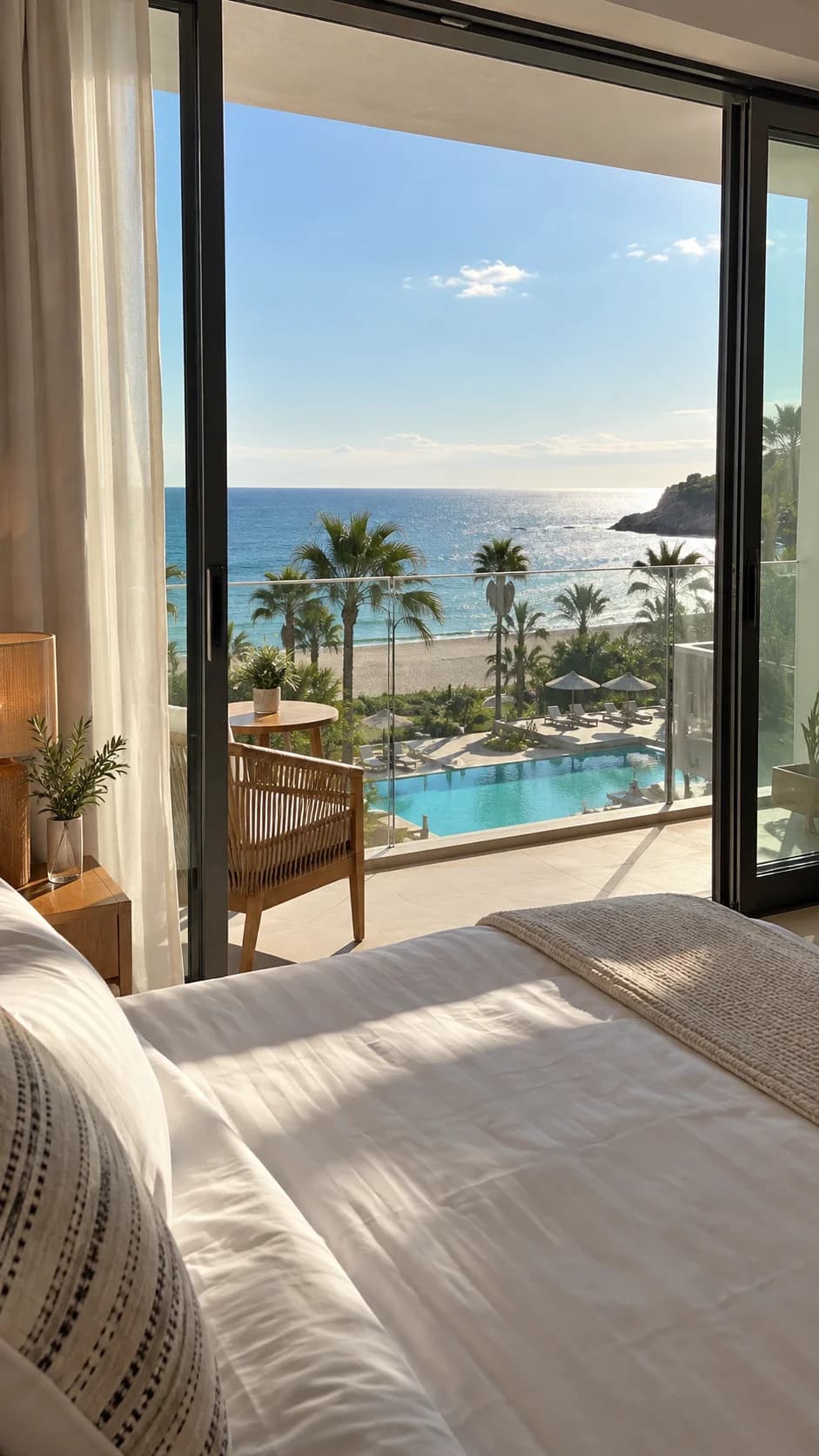 Hotel room with a balcony overlooking a swimming pool and sandy beach