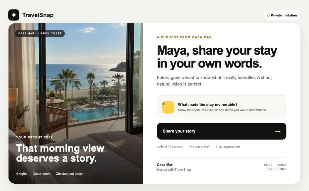 A mock TravelSnap invitation from Casa Mar asking Maya to share her stay