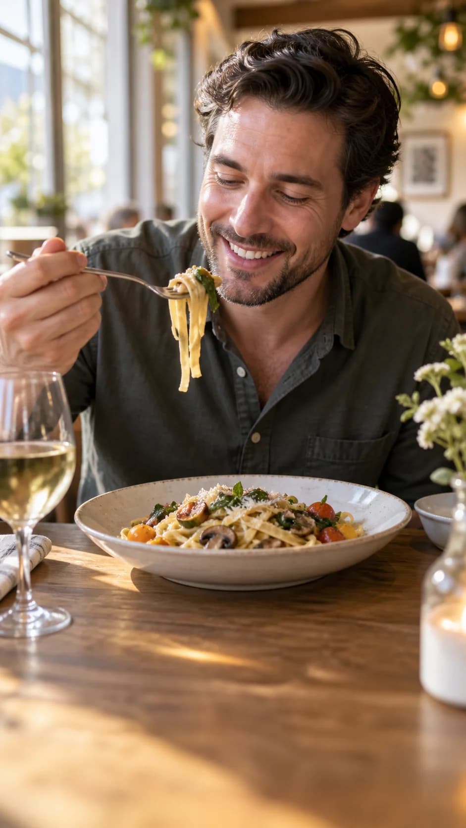 Diner enjoying a forkful of pasta at a sunlit restaurant table