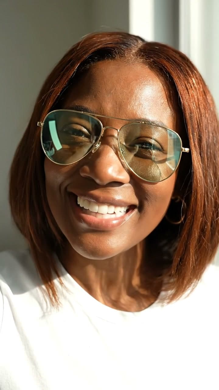 Person styling gold aviator sunglasses