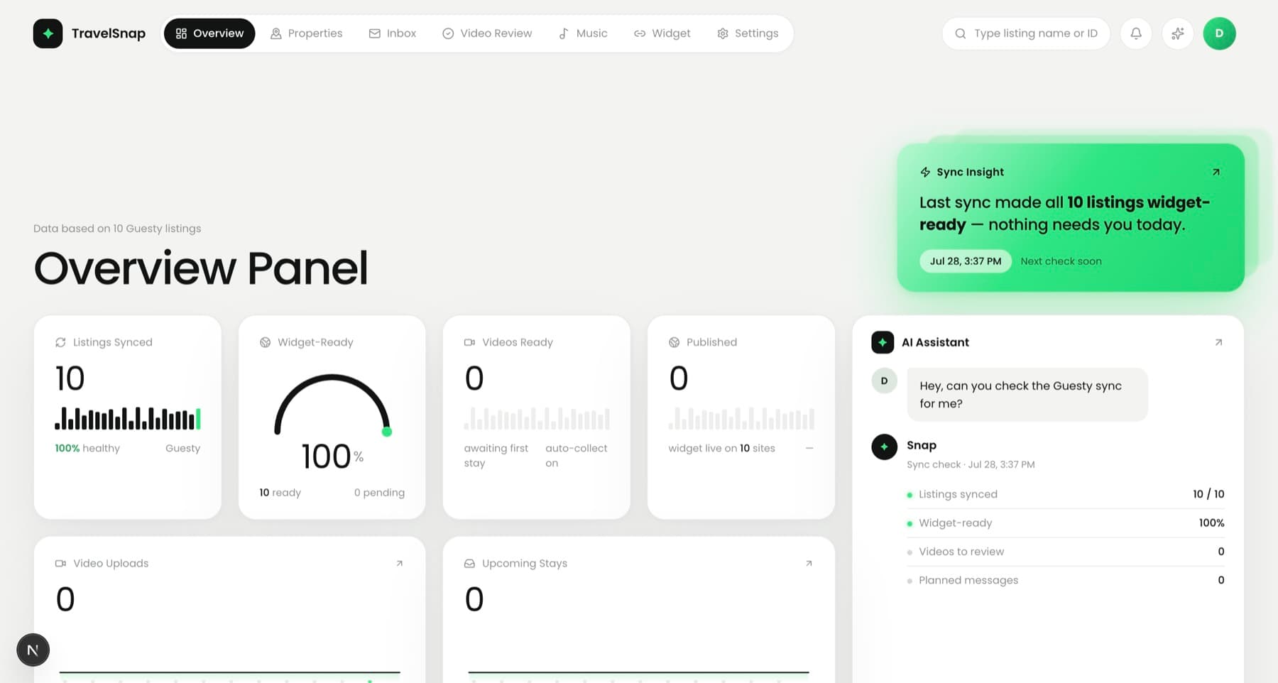 TravelSnap Guesty overview showing Travi results and synchronized listing status