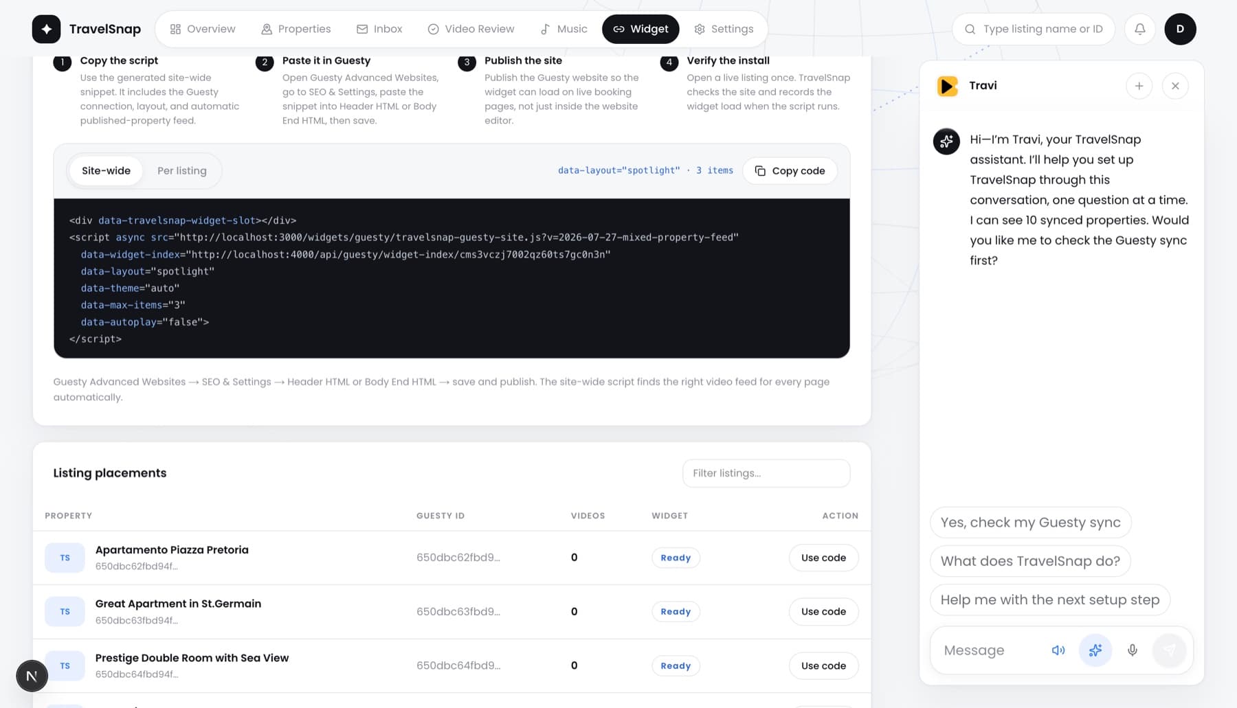 Travi AI chat beside the Guesty widget installation workflow
