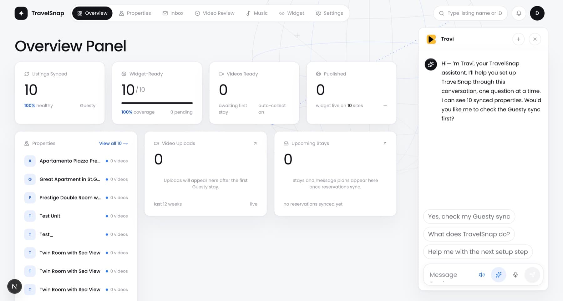 TravelSnap Guesty workspace with Travi AI chat beside Guesty sync and publishing status