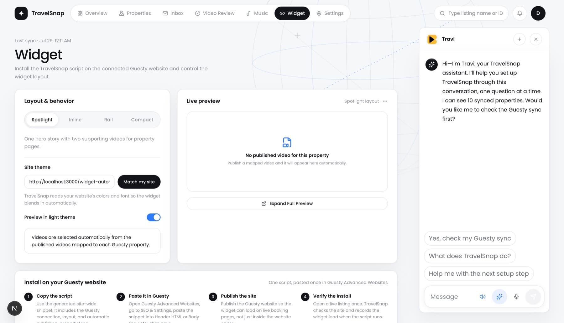 Travi AI chat beside the Guesty website widget workspace